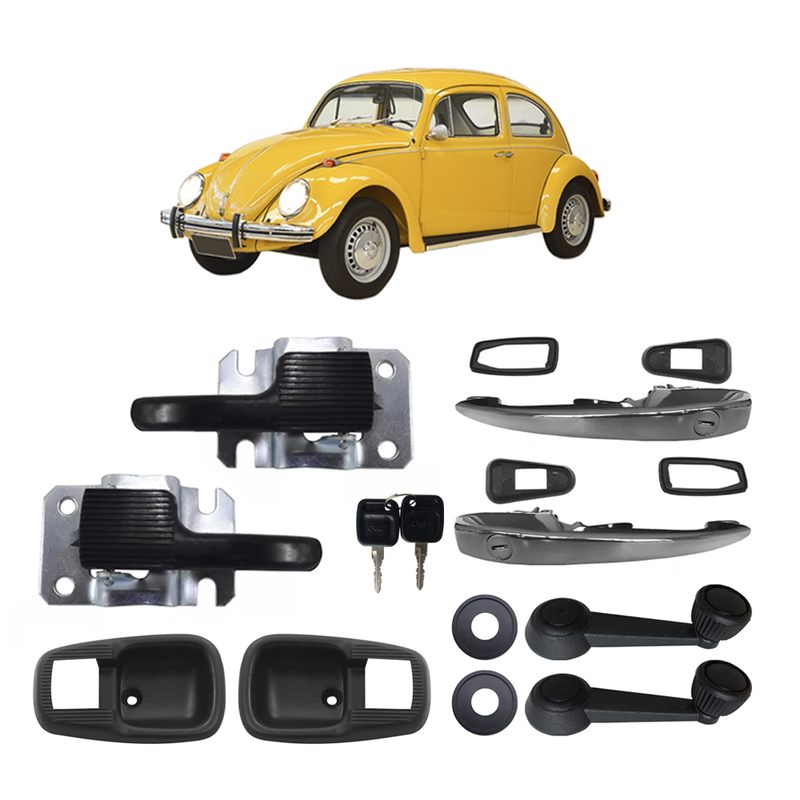 <transcy>Exterior and Interior Door Handle with Keys and Window Crank Chrome and Black Kit VW Beetle 1978 to 1996 Brasilia Variant</transcy>